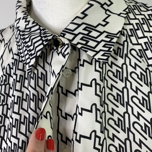 Kenzo Paris Silk Shirt Sz 36 XS Black White Geometric Print Open Long Sleeve - Picture 6 of 11